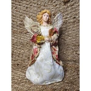 Beautiful Christmas Angel Tree Topper Gold Wings & Floral Gown Playing Harp 13"